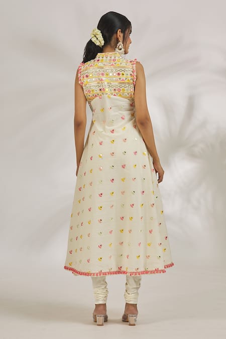 Shop Gopi Vaid Ivory Lycra, Cotton Mahi Thread Embroidered Motif Anarkali With Churidar at Aza Fashions Shop_Gopi Vaid_Ivory Lycra, Cotton Mahi Thread Embroidered Motif Anarkali With Churidar_at_Aza_Fashions