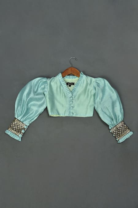 Shop Maaikid Green Chanderi, Cotton Embroidery Embellished Cuff Sleeve Top And Palazzo Set at Aza Fashions Shop_Maaikid_Green Chanderi, Cotton Embroidery Embellished Cuff Sleeve Top And Palazzo Set _at_Aza_Fashions