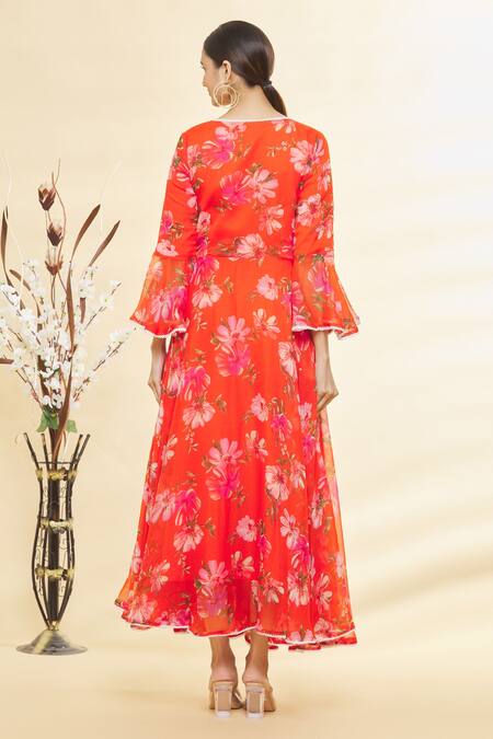 Shop Samyukta Singhania Orange Chiffon, Cotton Lace, Embroidery Botanical Print Anarkali With Dupatta at Aza Fashions Shop_Samyukta Singhania_Orange Chiffon, Cotton Lace, Embroidery Botanical Print Anarkali With Dupatta_at_Aza_Fashions