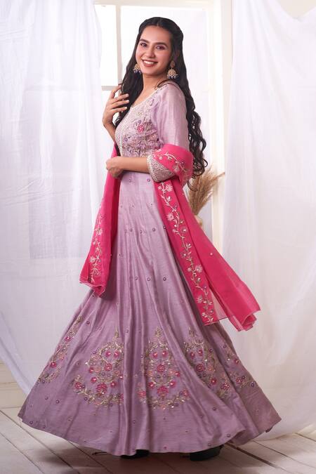 Shop_Geetika Jain_Purple Modal, Silk Organza Embroidery Round Hand Anarkali With Hot Pink Dupatta_at_Aza_Fashions