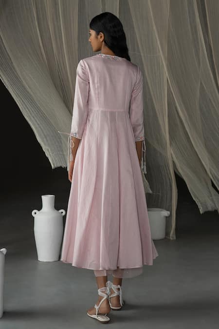 Shop_Zoon_Pink , Cotton, Organza Beads, Sequins, Neckline Anarkali Set _at_Aza_Fashions