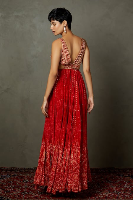 Shop_RI.Ritu Kumar_Red Chiffon, Viscose Embroidery Plunge Neck Villa Floral Dress _at_Aza_Fashions