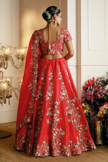 Nehha Nhata Floral Thread Embroidered Organza Bridal Lehenga Set 