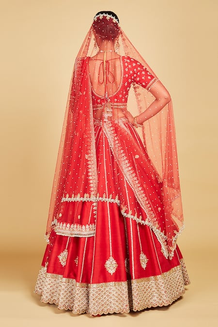Shop Amrin Khan Red Blouse And Lehenga Handloom Raw Silk, Dupatta Net Flower Boota Bridal Set at Aza Fashions Shop_Amrin Khan_Red Blouse And Lehenga Handloom Raw Silk, Dupatta Net Flower Boota Bridal Set _at_Aza_Fashions
