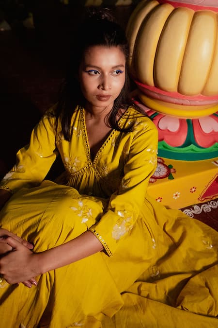 Label Earthen_Yellow Cotton Mal Embroidered Resham And Mirror Work V Neck Anarkali & Sharara Set _Online_at_Aza_Fashions