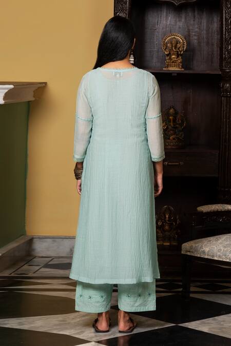 Shop_Yati_Blue Kurta  Fine Chanderi Hand Embroidered Beads Round Sequins A-line Set_at_Aza_Fashions