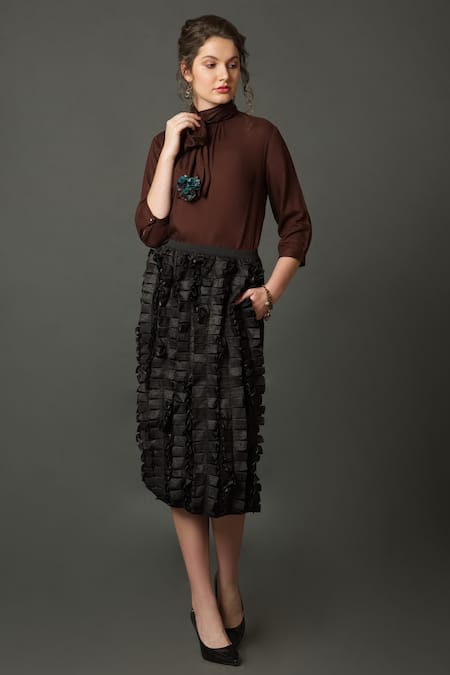 Shop House Of Behram Black Crepe Ruffles Detail Midi Skirt at Aza Fashions Shop_House Of Behram_Black Crepe Ruffles Detail Midi Skirt _at_Aza_Fashions