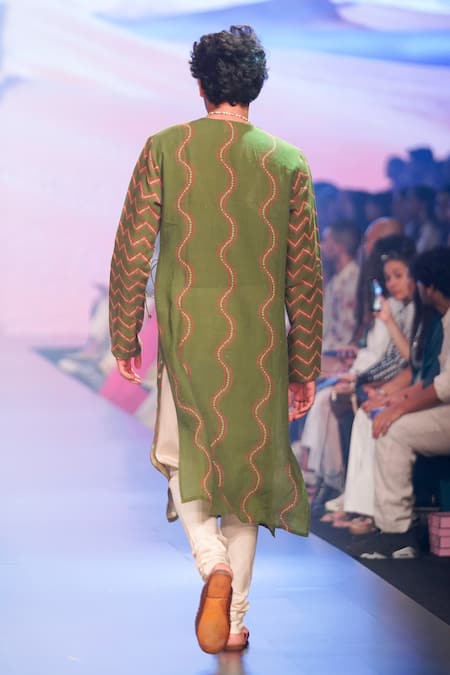 Shop_Punit Balana_Green Linen Embroidery Bandhani Print Angarkha Kurta Set _at_Aza_Fashions