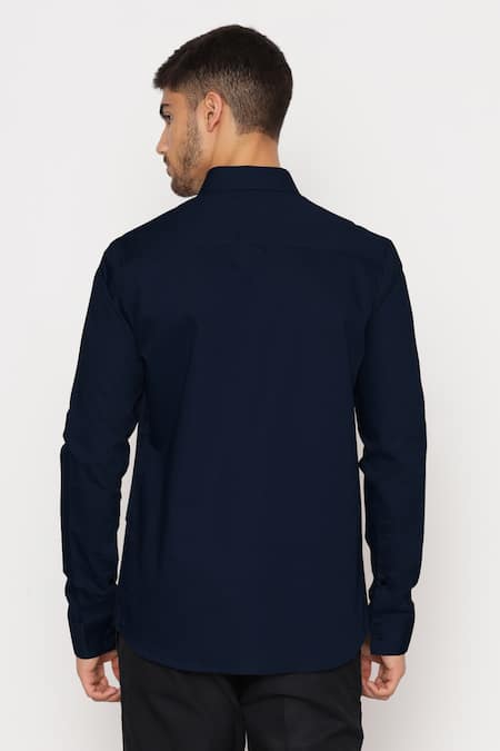 Shop_Lacquer Embassy_Blue Cotton Satin Navy Shirt With Block Panels _at_Aza_Fashions