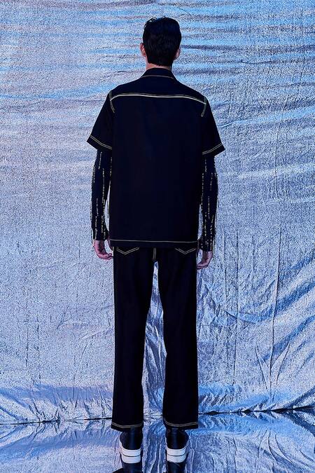 Shop_Line out line_Black Cotton Cut And Sew Resort Shirt_at_Aza_Fashions