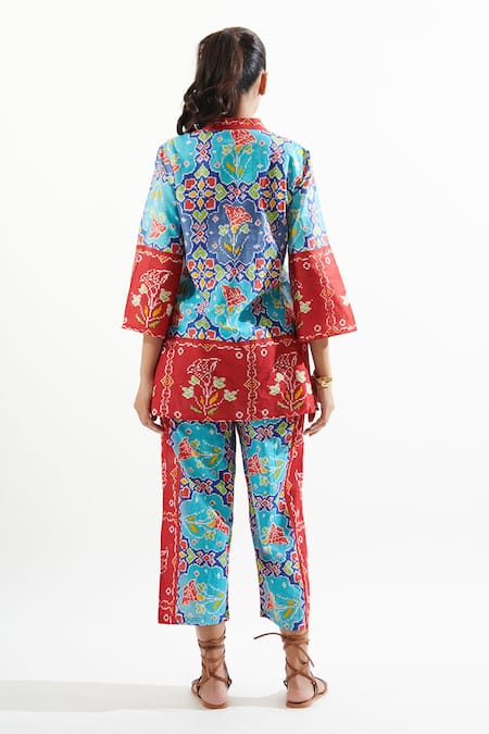 Shop Cin Cin Blue Cotton Beads, Patchwork Mandarin Collar Ruhaani Printed Top And Pant Set at Aza Fashions Shop_Cin Cin_Blue Cotton Beads, Patchwork Mandarin Collar Ruhaani Printed Top And Pant Set _at_Aza_Fashions