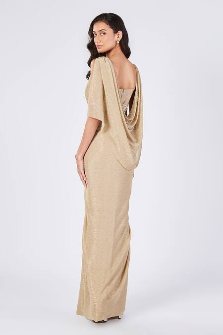 Shop_S&N by Shantnu Nikhil_Gold Georgette V-neck Embellished Draped Gown _at_Aza_Fashions