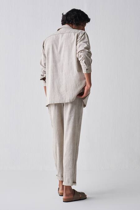 Shop Three Beige Handloom , Handwoven Shacket And Pant Set at Aza Fashions Shop_Three_Beige Handloom , Handwoven Shacket And Pant Set _at_Aza_Fashions