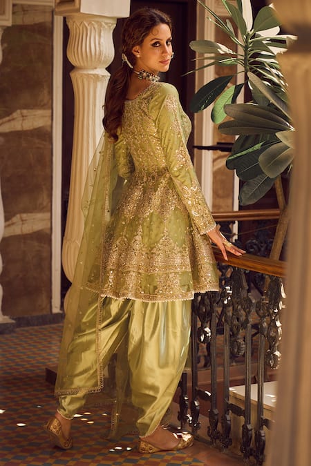 Shop Lashkaraa Green Net Zari, Stones, Embroidery Scoop Neck Floral Kurta Tulip Pant Set at Aza Fashions Shop_Lashkaraa_Green Net Zari, Stones, Embroidery Scoop Neck Floral Kurta Tulip Pant Set _at_Aza_Fashions