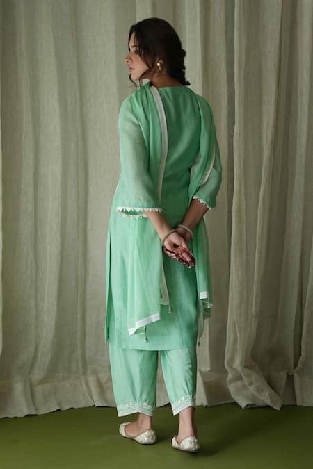 Shop Kanika Sharma Green Chanderi Silk, Modal, Muslin Pearls, Embroidery Kurta Peshwa Pant Set at Aza Fashions Shop_Kanika Sharma_Green Chanderi Silk, Modal, Muslin Pearls, Embroidery Kurta Peshwa Pant Set _at_Aza_Fashions