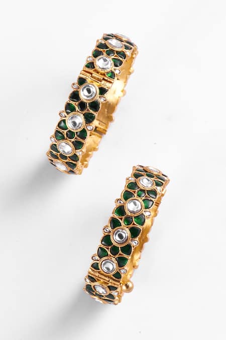 Shop Zevar King Green Diamonds, Stones Floral Pattern Jadau Kundan Bangles - Set Of 2 at Aza Fashions Shop_Zevar King_Green Diamonds, Stones Floral Pattern Jadau Kundan Bangles - Set Of 2 _at_Aza_Fashions