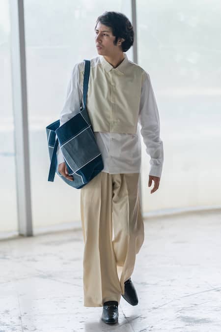 Shop_Leh Studios_Ivory Satin Plain Sculpture Pant _at_Aza_Fashions