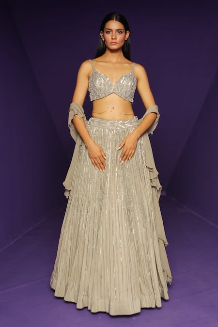 Rishi And Soujit Beige Crepe Embellished Sequin Sweetheart Neck Stripe Lehenga Set  