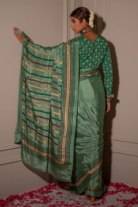 Shop The Home Affair Green Cotton Satin Embroidery Boat Striped Print Pallu Saree With Floral Blouse at Aza Fashions Shop_The Home Affair_Green Cotton Satin Embroidery Boat Striped Print Pallu Saree With Floral Blouse _at_Aza_Fashions