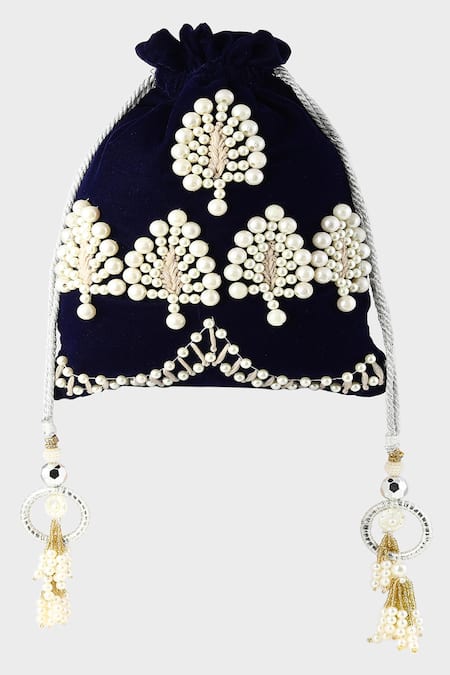 Shop ClutcH'D Blue Pearls, Beads Velvet Potli Bag at Aza Fashions Shop_ClutcH'D_Blue Pearls, Beads Velvet Potli Bag _at_Aza_Fashions