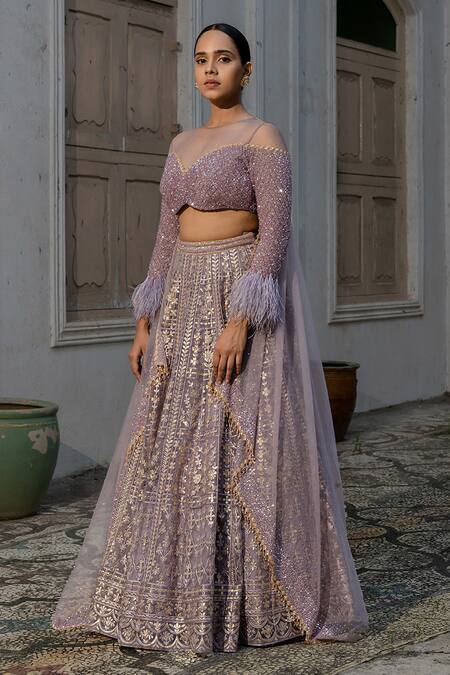 Shop_AMRIN KHAN_Purple Organza Embroidery Foil Round Lehenga Set  _at_Aza_Fashions