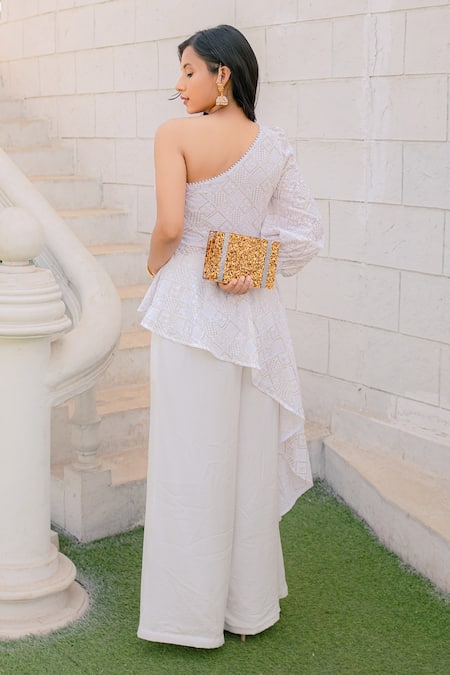 Monk & Mei By Sonia Anand Embroidered One Shoulder Top & Palazzo Set 