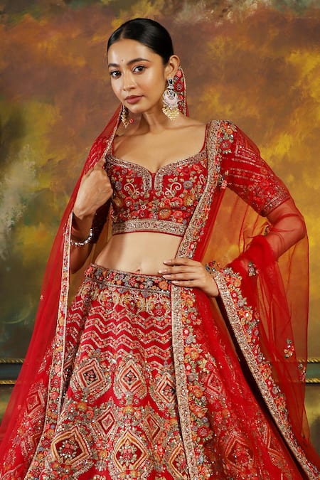 Shop_Pallavi Poddar_Red Silk, Tulle Beads, Embroidery Keyhole Neck Dehli Kali Bridal Lehenga Set _at_Aza_Fashions