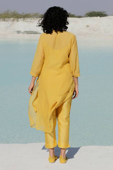 Shop Tatwa Yellow Handloom Cotton, Viscose, Silk Chanderi Pintuck Kurta And Pant Set at Aza Fashions Shop_Tatwa_Yellow Handloom Cotton, Viscose, Silk Chanderi Pintuck Kurta And Pant Set_at_Aza_Fashions