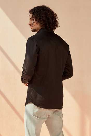 Shop Seven Black Cotton Satin Metal Shine Onn Embroidered Placket Shirt at Aza Fashions Shop_Seven_Black Cotton Satin Metal Shine Onn Embroidered Placket Shirt_at_Aza_Fashions