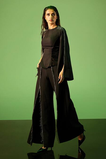 Shop Sameer Madan Black Crepe Metallic Thread The Rue High Slit Pant at Aza Fashions Shop_Sameer Madan_Black Crepe Metallic Thread The Rue High Slit Pant _at_Aza_Fashions