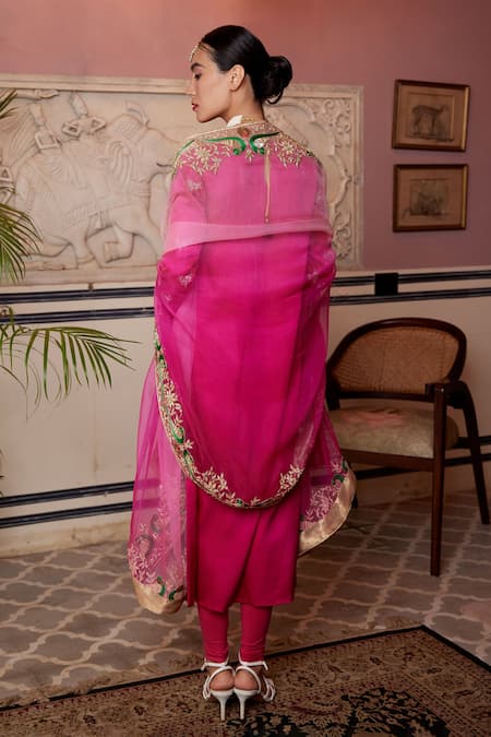 Shop Atelier Shikaarbagh Pink Satin, Cotton, Organza, Lurex Embroidery Round Kurta Churidar Set at Aza Fashions Shop_Atelier Shikaarbagh_Pink Satin, Cotton, Organza, Lurex Embroidery Round Kurta Churidar Set _at_Aza_Fashions