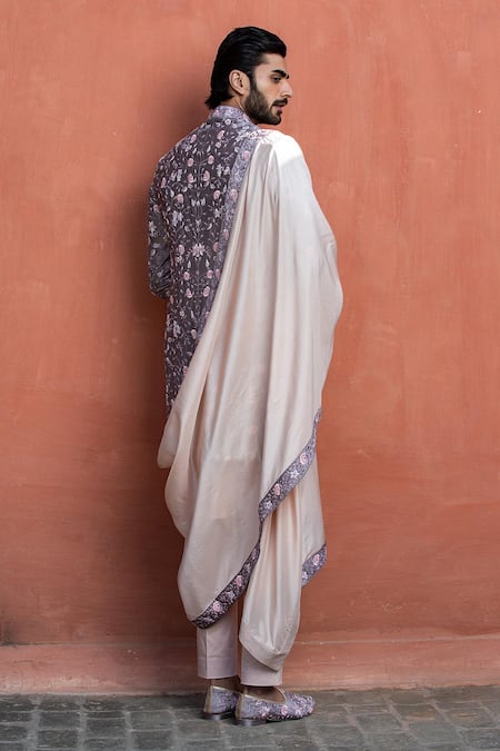 Shop_Nitika Gujral_Purple Taffeta, Mohair, Cotton, Lycra Mirrors, Embroidery Garden Achkan Set _at_Aza_Fashions