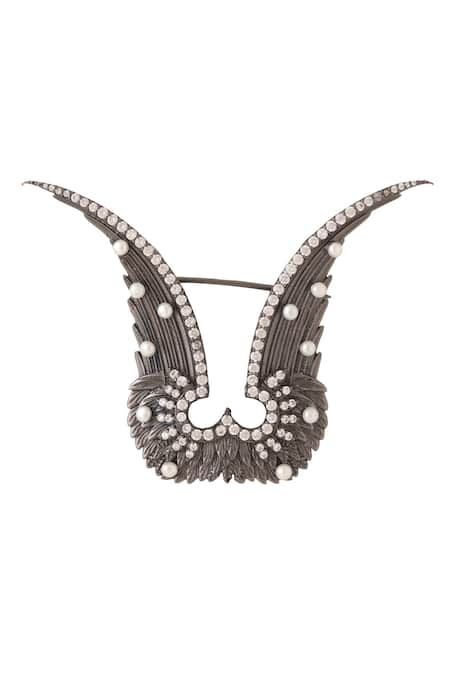 Shop Cosa Nostraa Black Stones Inverted Garuda Brooch at Aza Fashions Shop_Cosa Nostraa_Black Stones Inverted Garuda Brooch _at_Aza_Fashions