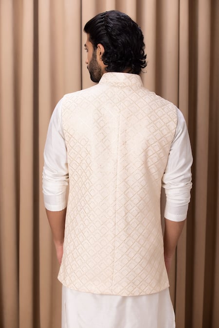 Ankit V Kapoor Peach Thread & Sequin Embroidered Nehru Jacket 