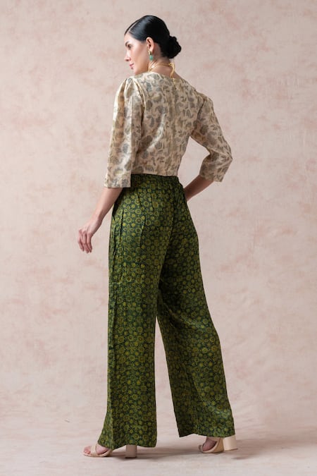 Shop Thetaa White Modal, Polyester, Voile Round Neck Ajrakh Print Flared Pant And Crop Top Set at Aza Fashions Shop_Thetaa_White Modal, Polyester, Voile Round Neck Ajrakh Print Flared Pant And Crop Top Set _at_Aza_Fashions