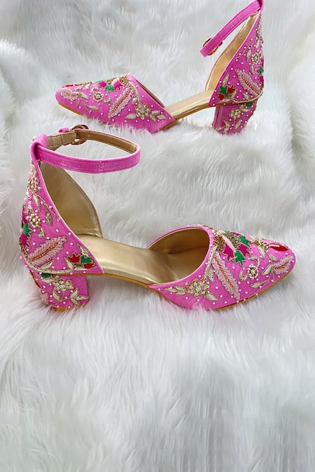 Shop Shiveen Shiveen Pink Embroidery Mule Block Heels at Aza Fashions Shop_Shiveen Shiveen_Pink Embroidery Mule Block Heels _at_Aza_Fashions