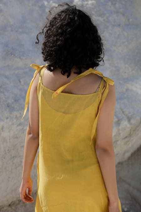 Shop Tatwa Yellow Handloom Cotton, Viscose Embroidery Scoop Neck Chanderi Pintuck Dress at Aza Fashions Shop_Tatwa_Yellow Handloom Cotton, Viscose Embroidery Scoop Neck Chanderi Pintuck Dress _at_Aza_Fashions