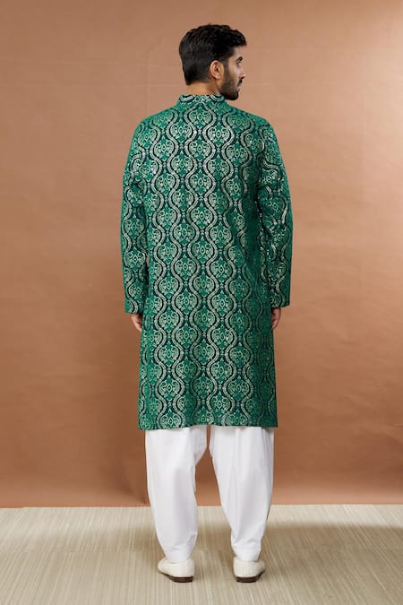 Shop Aham-Vayam Green Cotton Sequins Mughalkaari Embroidered Kurta And Patiala Set at Aza Fashions Shop_Aham-Vayam_Green Cotton Sequins Mughalkaari Embroidered Kurta And Patiala Set _at_Aza_Fashions