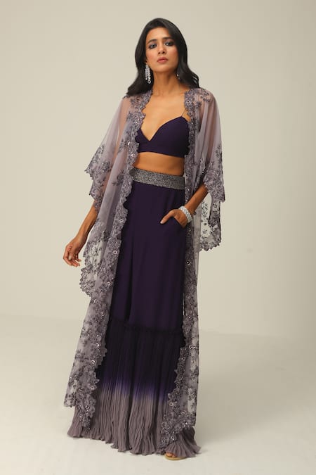 Shop_Rishi And Soujit_Purple Georgette And Organza Embroidery Thread V Neck Cape & Flared Pant Set _at_Aza_Fashions