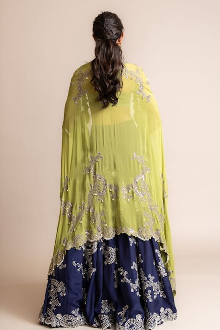Shop_Nupur Kanoi_Blue Crepe, Silk Studs, Pearls, Embroidered Lehenga Set With Contrast Cape _at_Aza_Fashions