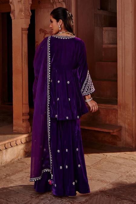 Shop_Ajiesh Oberoi_Purple Velvet Embroidered Dori Round Kurta Gharara Set _at_Aza_Fashions