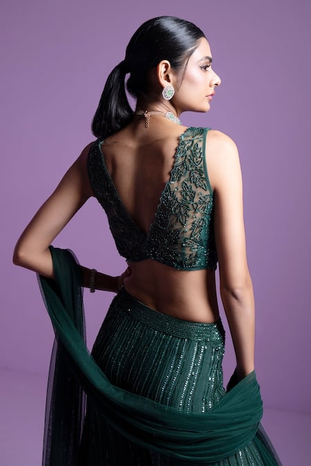 Shop Parul Gandhi Green Organza Sequins, Crystals Plunge Neck Embroidered Pant Set With Blouse at Aza Fashions Shop_Parul Gandhi_Green Organza Sequins, Crystals Plunge Neck Embroidered Pant Set With Blouse _at_Aza_Fashions