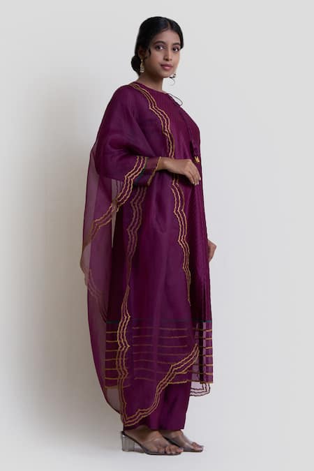 Shop Brij Wine Chanderi Silk, Organza, Spandex Tassels, Cut Work, Pintucked Kurta Set at Aza Fashions Shop_Brij_Wine Chanderi Silk, Organza, Spandex Tassels, Cut Work, Pintucked Kurta Set_at_Aza_Fashions