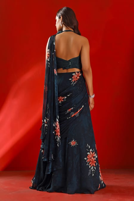 Isha Gupta Tayal Green Chiffon Printed Floral Halter Neck Georgette Drape Saree With Crop Top  2