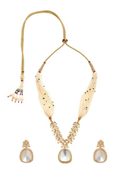 Shop Minaki White Crystals, Pearls, Piping, Zari Embellished Pendant Necklace Set at Aza Fashions Shop_Minaki_White Crystals, Pearls, Piping, Zari Embellished Pendant Necklace Set_at_Aza_Fashions