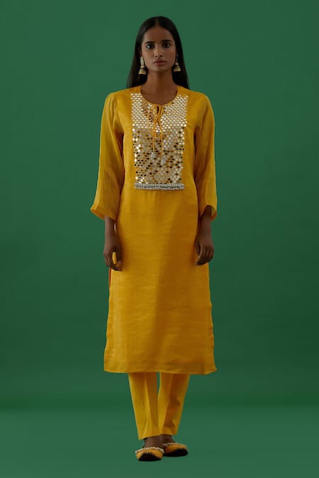 Shop 5elements Yellow Chanderi Silk Tissue Embellishment Mirror And Ghungroo Round Kurta Set at Aza Fashions Shop_5elements_Yellow Chanderi Silk Tissue Embellishment Mirror And Ghungroo Round Kurta Set _at_Aza_Fashions