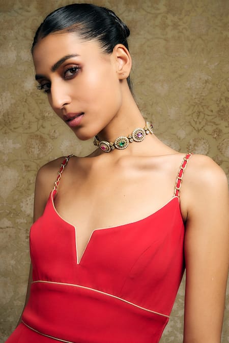 Shop Tarun Tahiliani Multi Color Rose Cut Zircon, Fresh Water Pearls, Semi Cabochon Studded Choker at Aza Fashions Shop_Tarun Tahiliani_Multi Color Rose Cut Zircon, Fresh Water Pearls, Semi Cabochon Studded Choker_at_Aza_Fashions