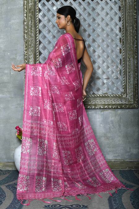Shop_Samyukta Singhania_Pink Silk Embroidery Geometric Motifs Saree_at_Aza_Fashions