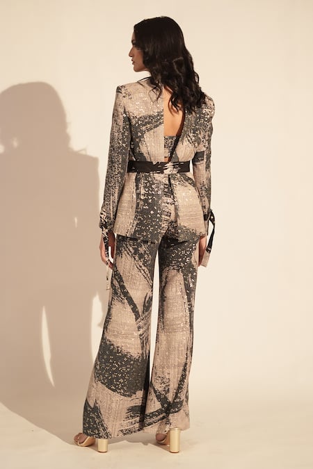 Shop_Nikita Mhaisalkar_Black Georgette Sequins Brush Stroke Print Blazer With Pant _at_Aza_Fashions