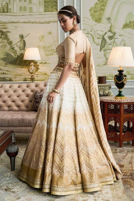 Shop_Tarun Tahiliani_Gold Brocade Gota, Pearl, Sequin, French Knot, Embroidered Bridal Lehenga Set_at_Aza_Fashions